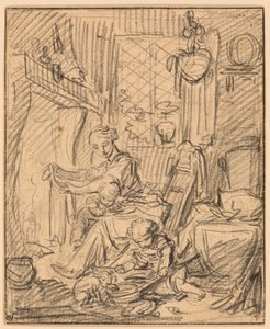 Scena domowa: Matka z dwójką małych dzieci przed kominkiem autorstwa François Boucher