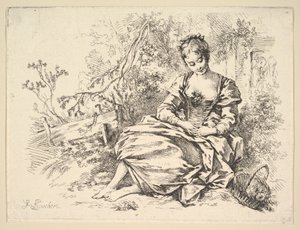 Dziewczyna w pejzażu z koszykiem kwiatów autorstwa François Boucher