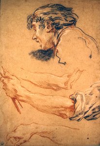 Głowa pasterza i badania jego ręki i ramienia (czarne, czerwone i białe kredy na papierze) autorstwa François Boucher