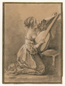 Klęcząca młoda kobieta strojąca lutnię autorstwa François Boucher