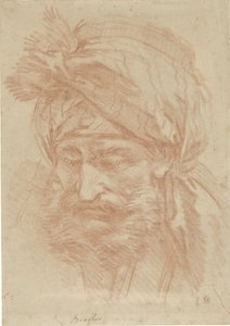 Głowa brodatego mężczyzny z Bliskiego Wschodu w turbanie, widziana z przodu, spoglądająca w dół autorstwa François Boucher