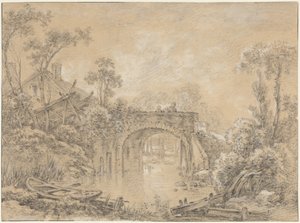 Krajobraz z rustykalnym mostem autorstwa François Boucher
