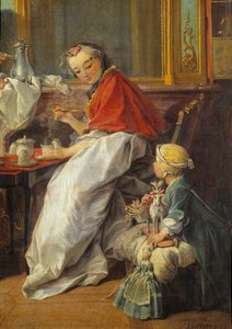 Matka i córka. Szczegóły „”Śniadania””. Dziewczyna i jej lalki patrzą, jak jej matka pije gorącą czekoladę. Obraz Francois Bouchera (1703-1770) autorstwa François Boucher