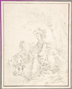 Dziewczyna z wsi jadąca na wołu w towarzystwie innych osób autorstwa François Boucher