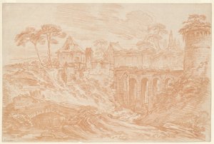 Pejzaż z wieżą i mostem autorstwa François Boucher