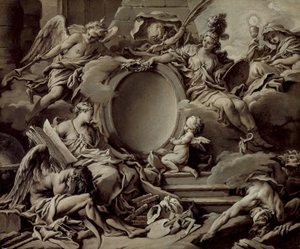 Projekt kartusza: alegoria Minerwki, Sławy, Historii i Wiary pokonujących ignorancję i czas autorstwa François Boucher