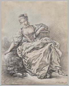 Siedząca kobieta trzymająca klatkę dla ptaków autorstwa François Boucher