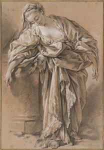 Studium udrapowanej kobiety opartej na piedestale autorstwa François Boucher