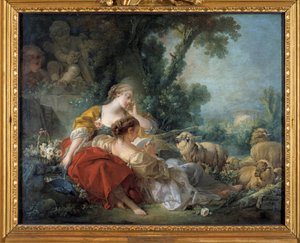 Scena bukolikowa Szkoły Przyjaźni: dwóch pasterzy i stado. Obraz Francois Bouchera (1703-1770) 1760 Karlsruhe. Staatliche Kunsthalle autorstwa François Boucher