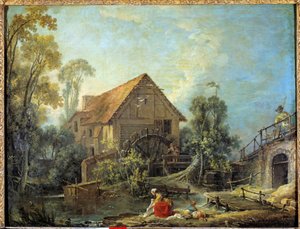 Młyn Kobieta pierze pranie w strumieniu obok młyna wodnego. Obraz Francois Bouchera (1703-1770) 1751 Nd. 0,66x0,84m. - Młyn. Kobieta piorąca ubrania w strumieniu w pobliżu młyna wodnego. Obraz Francois Bouchera (1703-1770) 1751. 0,66 autorstwa François Boucher