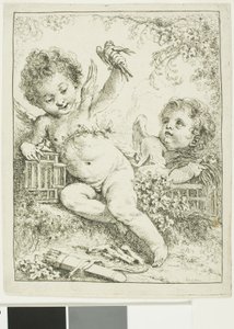 Dwa putti z ptakiem autorstwa François Boucher