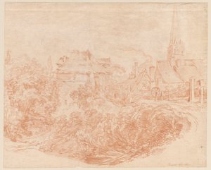 Widok zabudowań wiejskich i wieży kościoła autorstwa François Boucher