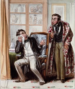 Dentysta. Karykatura przedstawiająca pacjenta z wściekłymi zębami przyszła na konsultację do dentysty. Rycina Bouchota, ok. 1830. Paryż, Musee Carnavalet.