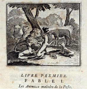 Zwierzęta chore na Plagę. Bajki Jean de La Fontaine (1621-95). Ilustracja Francois Chauveau (1613-1676). Wydanie z 1728 r. autorstwa Francois Chauveau
