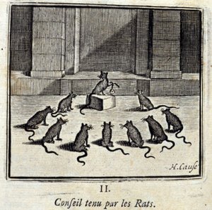 Zarząd trzymany przez Szczury. Bajki Jean de La Fontaine (1621-95). Ilustracja Francois Chauveau (1613-1676). Wydanie z 1728 r. autorstwa Francois Chauveau
