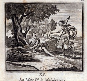 Śmierć i nieszczęśliwi. Bajki Jean de La Fontaine (1621-95). Ilustracja Francois Chauveau (1613-1676). Wydanie z 1728 r. autorstwa Francois Chauveau