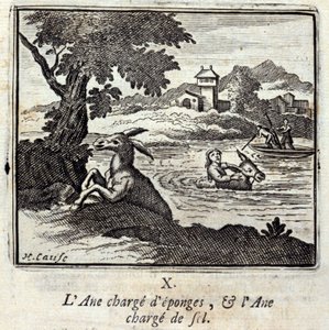 Osioł mnóstwo gąbek i osioł mnóstwo soli. Bajki Jean de La Fontaine (1621-95). Ilustracja autorstwa François Chauveau (1613-1676). Wydanie z 1728 r. autorstwa Francois Chauveau