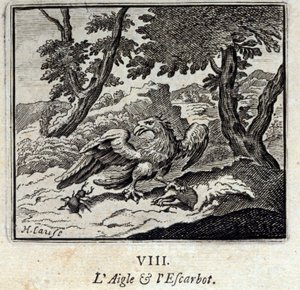 Orzeł i ślimak. Bajki Jean de La Fontaine (1621-95). Ilustracja Francois Chauveau (1613-1676). Wydanie z 1728 r. autorstwa Francois Chauveau