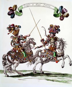 Indian Ecuyer i strona podczas karuzeli podarowanej przez króla Ludwika XIV (1638-1715) w 1662 r. Tuileries z okazji narodzin delfina. Grawer autorstwa Francois Chauveau (1613-1676) XVII-wieczna kolekcja prywatna