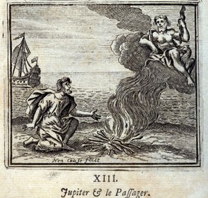 Jowisz i Pasażer. Bajki Jean de La Fontaine (1621-95). Ilustracja Francois Chauveau (1613-1676). Wydanie z 1728 r. autorstwa Francois Chauveau