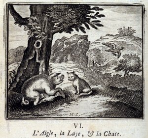 Orzeł Laie and the Cat Bajki Jean de La Fontaine (1621-95). Ilustracja Francois Chauveau (1613-1676). Wydanie z 1728 r. autorstwa Francois Chauveau