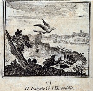 Pająk i jaskółka Bajki Jean de La Fontaine (1621-95). Ilustracja François Chauveau (1613-1676). Wydanie z 1728 r. autorstwa Francois Chauveau