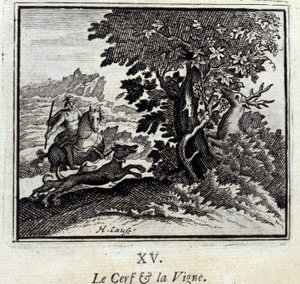 Jeleń i winorośl Bajki Jean de La Fontaine (1621-95). Ilustracja François Chauveau (1613-1676). Wydanie z 1728 r. autorstwa Francois Chauveau