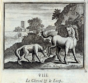 Koń i wilk Bajki Jean de La Fontaine (1621-95). Ilustracja François Chauveau (1613-1676). Wydanie z 1728 r. autorstwa Francois Chauveau