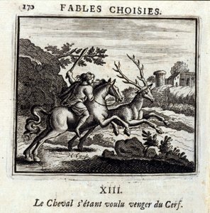 Koń chciał zemsty za Jelenia. Bajki Jean de La Fontaine (1621-95). Ilustracja Francois Chauveau (1613-1676). Wydanie z 1728 r. autorstwa Francois Chauveau