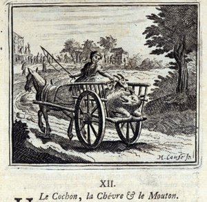 Świnia Koza i Mut.Bajki Jean de La Fontaine (1621-95). Ilustracja Francois Chauveau (1613-1676). Wydanie z 1728 r. autorstwa Francois Chauveau