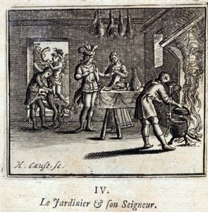 Ogrodnik i jego pan Bajki Jean de La Fontaine (1621-95). Ilustracja François Chauveau (1613-1676). Wydanie z 1728 r. autorstwa Francois Chauveau