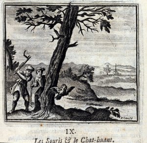Jean de La Fontaine (1621-95) Myszy i Huant Cat. Ilustracja Francois Chauveau (1613-1676). Wydanie z 1728 r. autorstwa Francois Chauveau