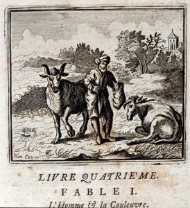 Człowiek i wąż. Bajki Jean de La Fontaine (1621-95). Ilustracja Francois Chauveau (1613-1676). Wydanie z 1728 r. autorstwa Francois Chauveau