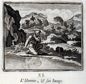 Człowiek i jego wizerunek. Bajki Jean de La Fontaine (1621-95). Ilustracja Francois Chauveau (1613-1676). Wydanie z 1728 r. autorstwa Francois Chauveau