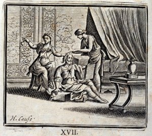 Mężczyzna w wieku od dwóch do dwóch kochanek. Bajki Jean de La Fontaine (1621-95). Ilustracja Francois Chauveau (1613-1676). Wydanie z 1728 r. autorstwa Francois Chauveau