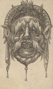Maska z długimi brwiami i wąsami oraz nakryciem głowy ze zwisającą szmatką, z Dive..., ca. 1635-45. autorstwa Francois Chauveau
