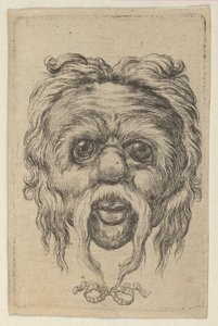 Maska z długim wąsem przewiązana wstążką pod brodą, z Divers Masques, ca. 1635-45. autorstwa Francois Chauveau