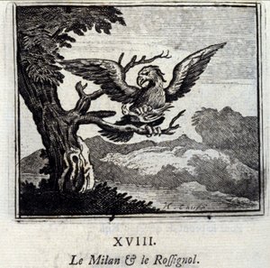 Mediolan i słowik. Bajki Jean de La Fontaine (1621-95). Ilustracja Francois Chauveau (1613-1676). Wydanie z 1728 r. autorstwa Francois Chauveau