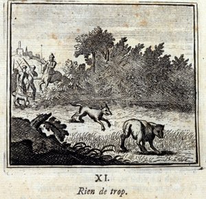 Nic za dużo. Bajki Jean de La Fontaine (1621-95). Ilustracja Francois Chauveau (1613-1676). Wydanie z 1728 r. autorstwa Francois Chauveau