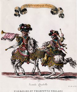 Perski timbalier i trąbka podczas karuzeli podarowanej przez króla Ludwika XIV (1639-1715) Rycina Francois Chauveau (1613-1676) ok. 1662 Ze zbiorów prywatnych autorstwa Francois Chauveau