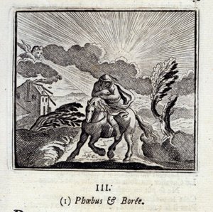 Phebus i Boree. Bajki Jean de La Fontaine (1621-95). Ilustracja Francois Chauveau (1613-1676). Wydanie z 1728 r. autorstwa Francois Chauveau