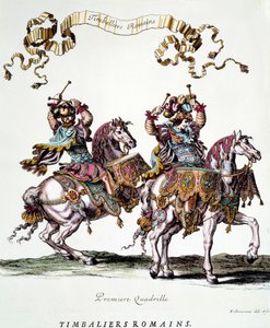 Timbalierzy rzymscy podczas karuzeli podarowanej przez króla Ludwika XIV (1638-1715) w 1662 r. Grawer Francois Chauveau (1613-1676) XVII-wieczna kolekcja prywatna