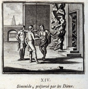 Simonides chronią bogów. Bajki Jean de La Fontaine (1621-95). Ilustracja Francois Chauveau (1613-1676). Wydanie z 1728 r. autorstwa Francois Chauveau