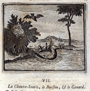 Nietoperz, krzak i kaczka. Bajki Jean de La Fontaine (1621-95). Ilustracja François Chauveau (1613-1676). Wydanie z 1728 r. autorstwa Francois Chauveau