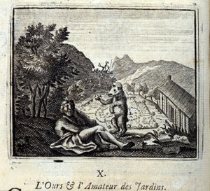 Niedźwiedź i miłośnik ogrodu. Bajki Jean de La Fontaine (1621-95). Ilustracja autorstwa François Chauveau (1613-1676). Wydanie z 1728 r. autorstwa Francois Chauveau