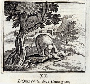 Niedźwiedź i dwaj towarzysze. Bajki Jean de La Fontaine (1621-95). Ilustracja François Chauveau (1613-1676). Wydanie z 1728 r. autorstwa Francois Chauveau