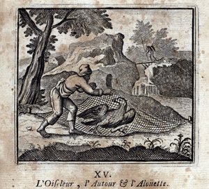 Ptaszek dookoła i Alouette. Bajki Jean de La Fontaine (1621-95). Ilustracja François Chauveau (1613-1676). Wydanie z 1728 r. autorstwa Francois Chauveau
