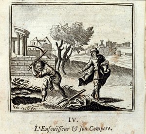 Palnik i jego konkurencja. Bajki Jean de La Fontaine (1621-95). Ilustracja Francois Chauveau (1613-1676). Wydanie z 1728 r. autorstwa Francois Chauveau