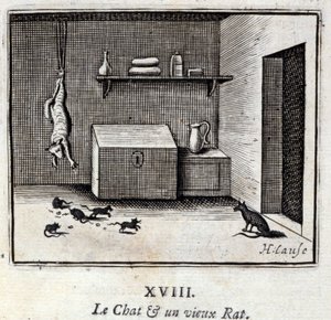 Kot i stary szczur. Bajki Jean de La Fontaine (1621-95). Ilustracja Francois Chauveau (1613-1676). Wydanie z 1728 r. autorstwa Francois Chauveau