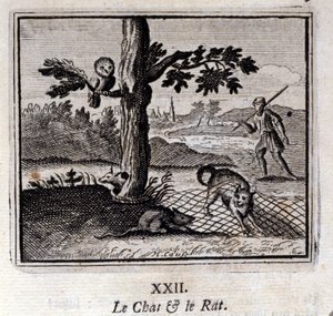 Kot i szczur. Bajki Jean de La Fontaine (1621-95). Ilustracja Francois Chauveau (1613-1676). Wydanie z 1728 r. autorstwa Francois Chauveau